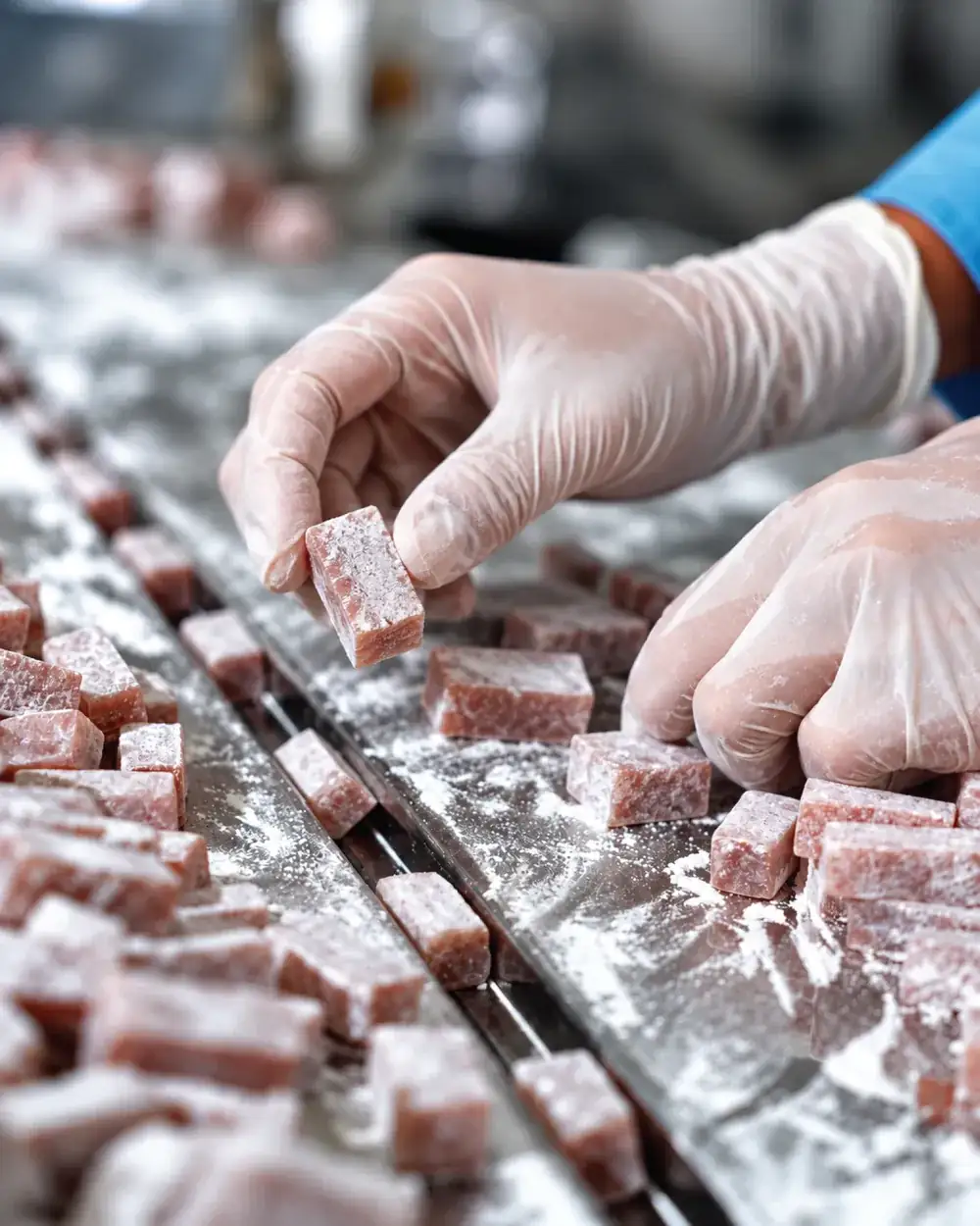 Close-up quality checking of chewy candy pieces at Chewy Factory